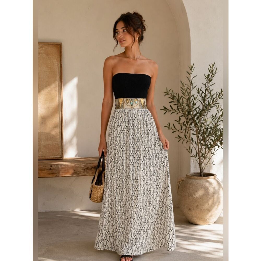 Skemo Black Strapless Maxi Dress with Ivory Lace Skirt and Gold Beaded Waist